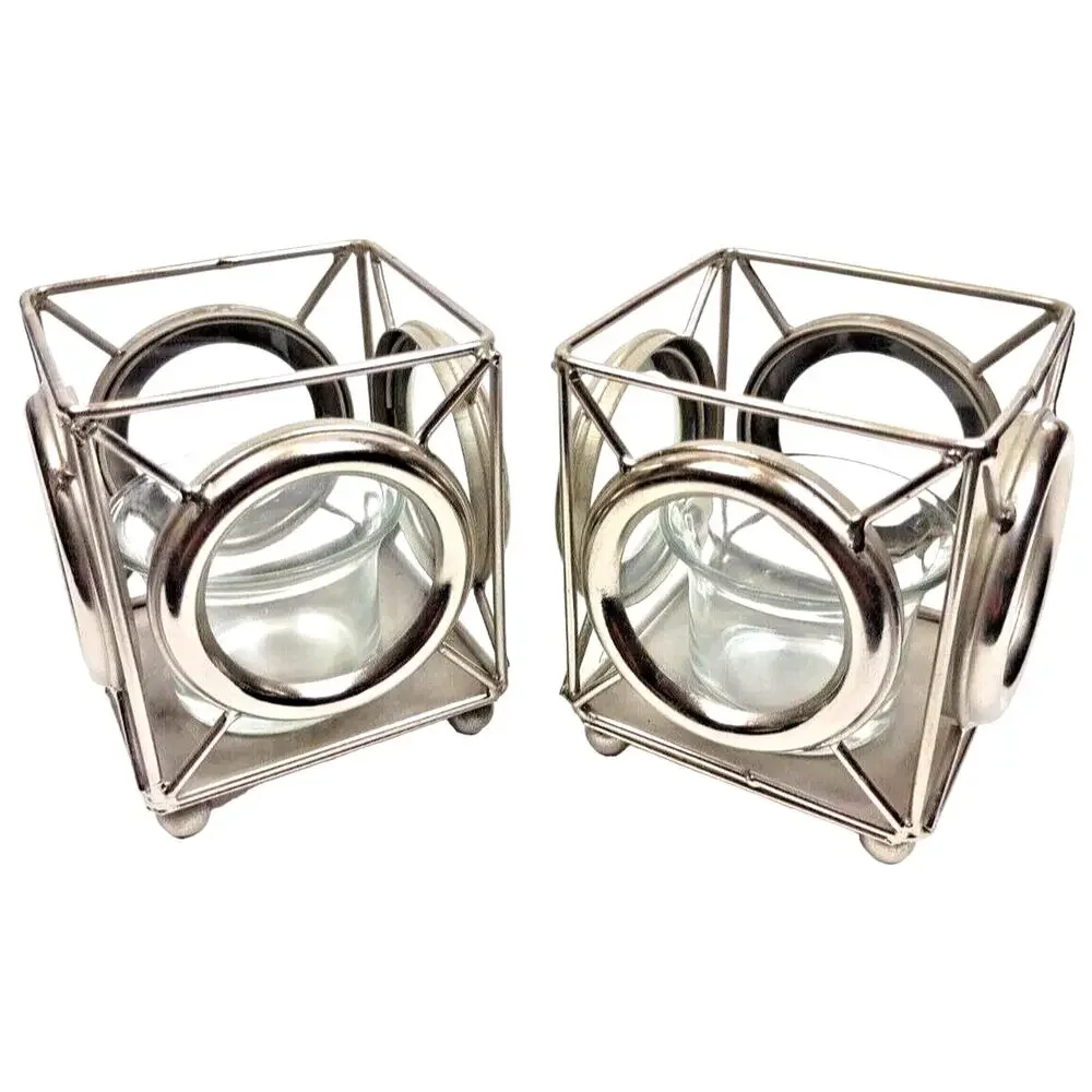 Metal and Glass Square Candle Holders 4 Sided Chrome Zodax Set Of 2 India